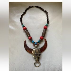 Artisan Steer Skull Necklace Beaded . Cowgirl Gift. Heavy .Beautiful 22” lengh